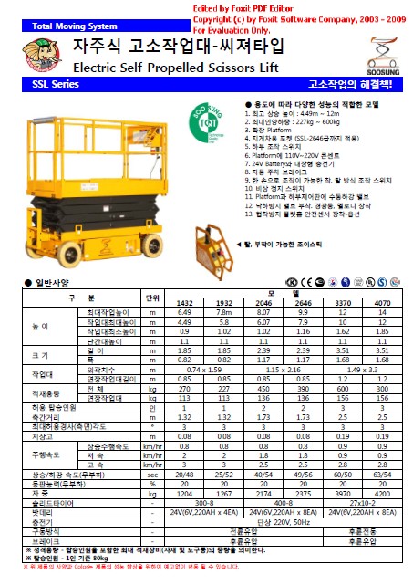 SOOSUNG（通稱帥成﹑水星﹑首星），自行式高空升降臺 SSL-1432/1932/2046/2646/3370/4070
